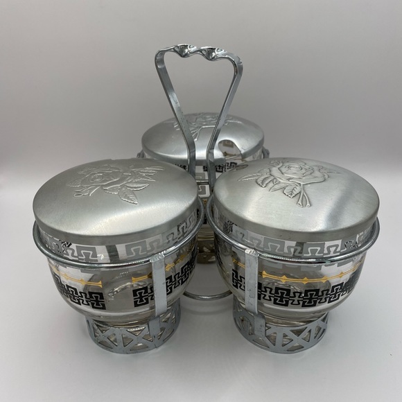 Libby Glass MCM 7pc condiment caddy set. Vintage glass w/ aluminum lids. - Picture 6 of 15